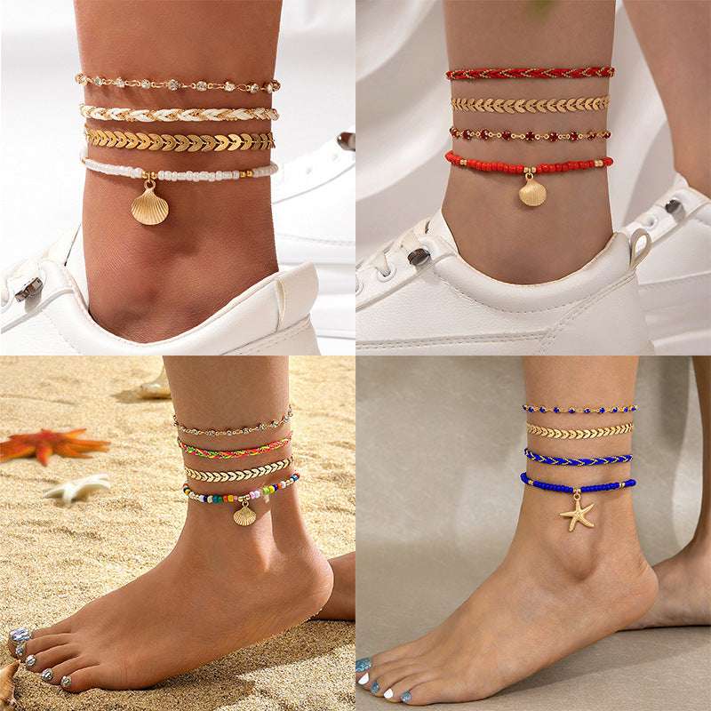Rice Bead Woven Rope 4 Piece Anklet Set - Exactly Bliss